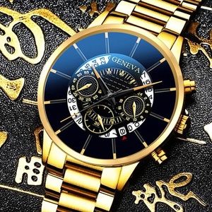 Men Triple Dial Pointer Date Quartz Watch gold calendar